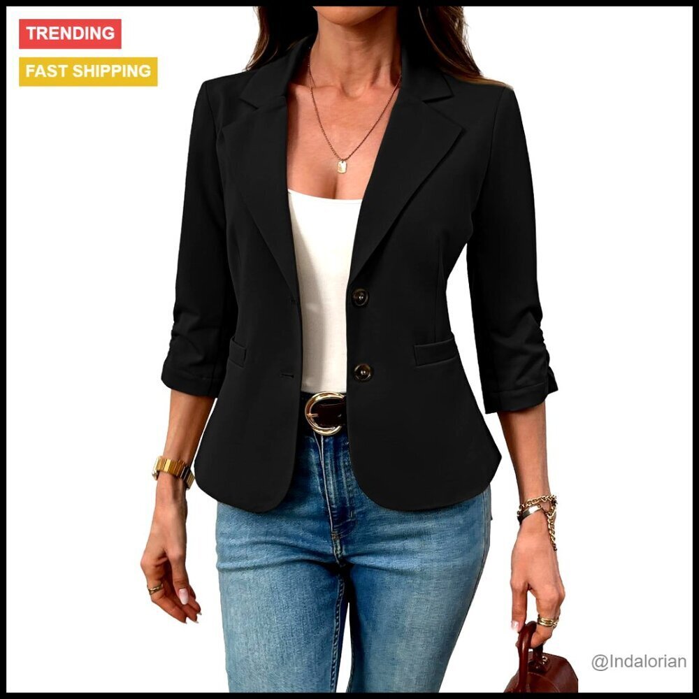 Stretch Knit Blazer 3/4 Sleeve Slim Fit Business Casual Jacket with Pockets